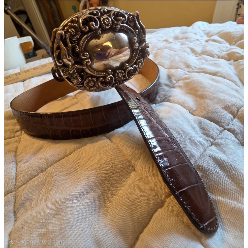 Vintage 1995 Ornate Brighton Cherub Buckle Belt Brown Croc-Embossed Leather 45